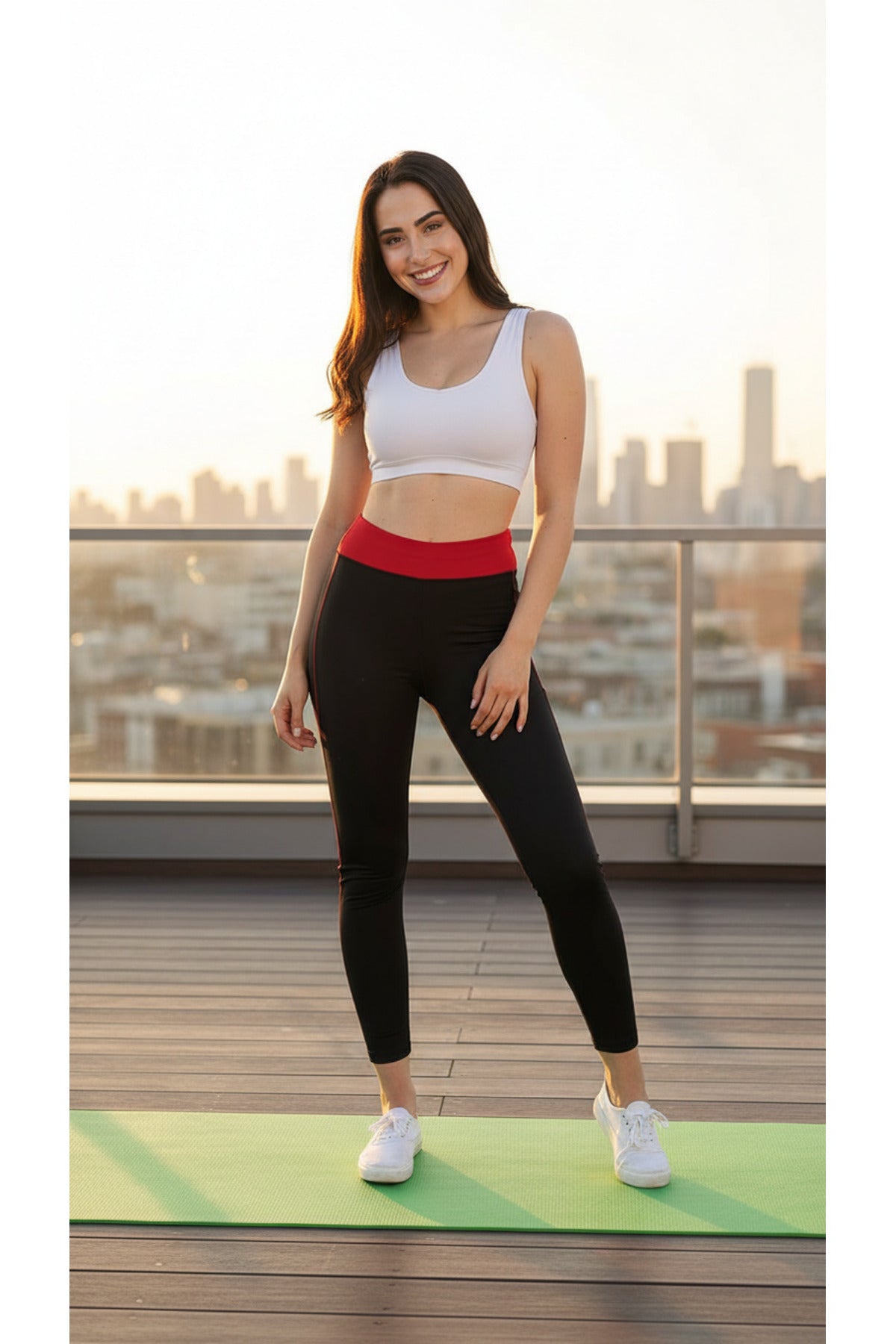 Kadın Yüksek Bel Kırmızı Kemer Detaylı Toparlayıcı Spor Tayt Yoga Fitness Taytı - SİYAH-KIRMIZI