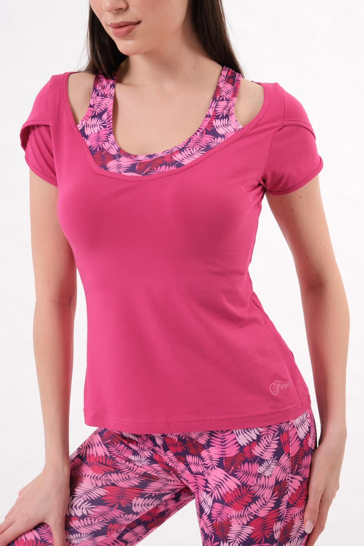 Kadın T-Shirt Takımı Yazlık Rahat Kesim 2'li Spor Kombin - Fuşya