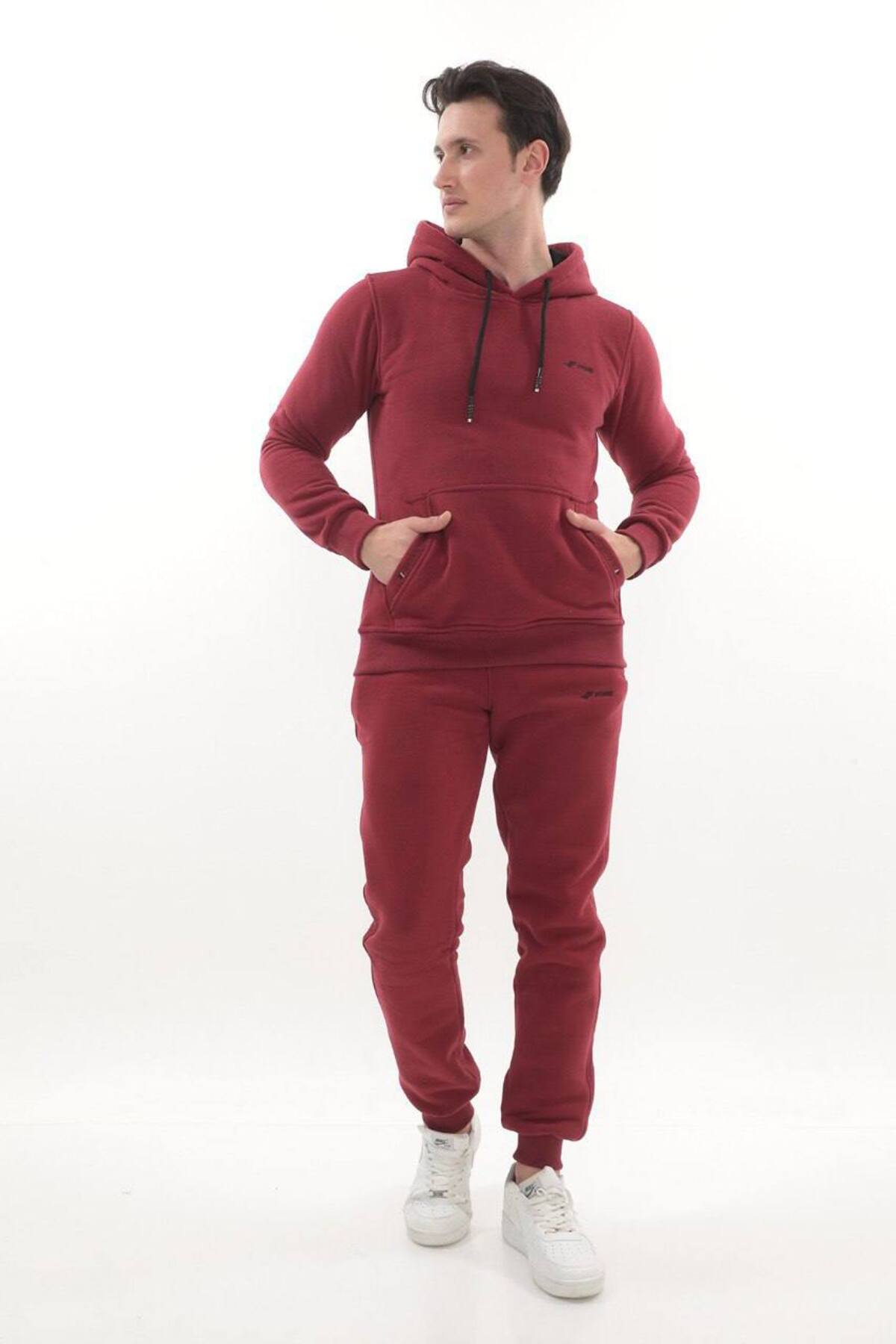 Erkek Bordo 3 İplik Kapüşonlu Sweat Üst - Bordo