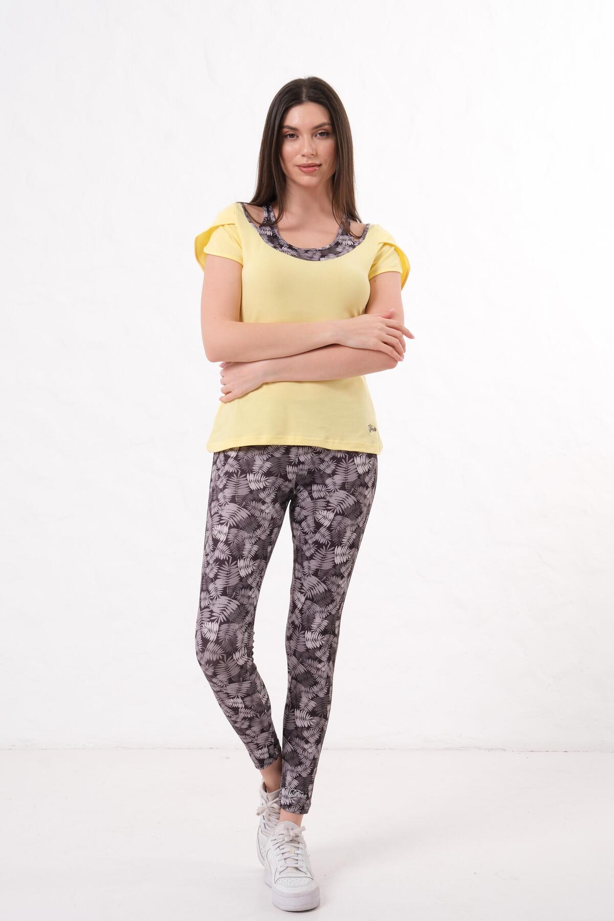Kadın T-Shirt Takımı Yazlık Rahat Kesim 2'li Spor Kombin - Sarı
