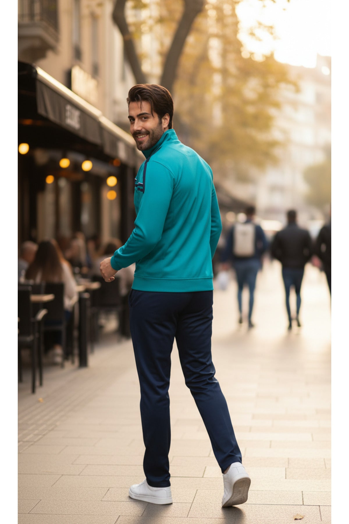 Erkek Raşel Eşofman Takımı Şerit Detaylı %100 Polyester - Zümrüt 