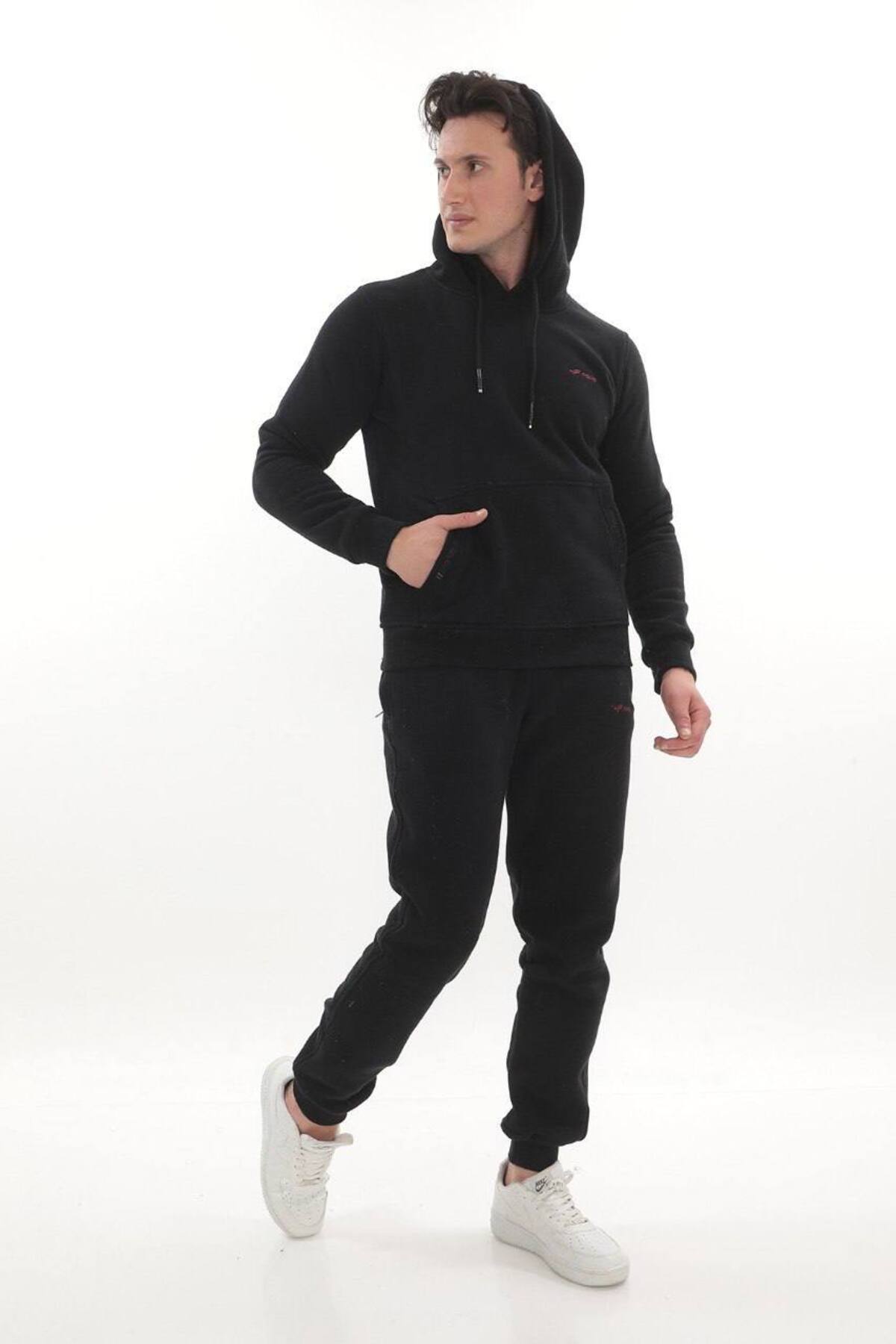 Erkek Bordo 3 İplik Kapüşonlu Sweat Üst - Siyah Bordo