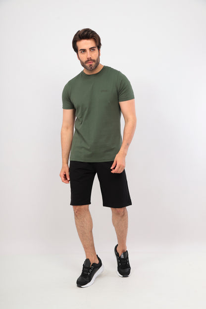 Erkek Bisiklet Yaka Tişört Kısa Kollu Basic Pamuklu Günlük Rahat T-Shirt - Haki