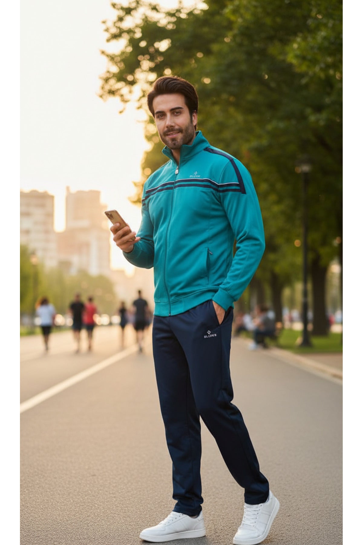 Erkek Raşel Eşofman Takımı Şerit Detaylı %100 Polyester - Zümrüt 