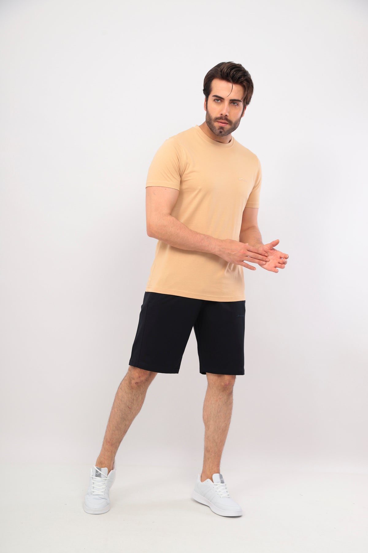 Erkek Bisiklet Yaka Tişört Kısa Kollu Basic Pamuklu Günlük Rahat T-Shirt - Bej