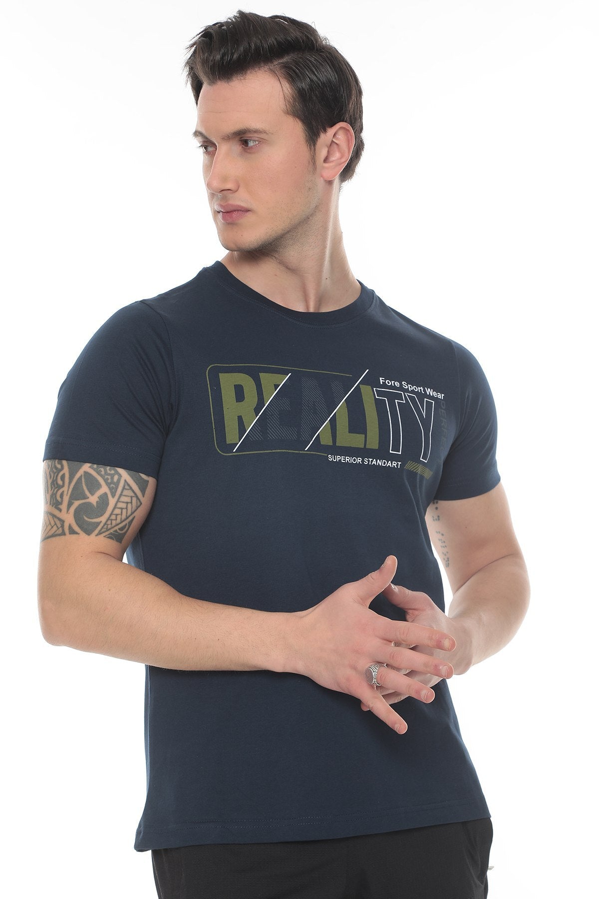 Erkek Ekru  Realıty Baskılı T-shirt - Lacivert