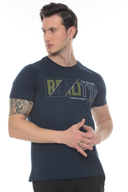 Erkek Ekru  Realıty Baskılı T-shirt - Lacivert