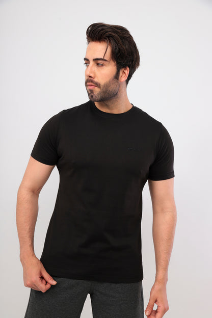 Erkek Bisiklet Yaka Tişört Kısa Kollu Basic Pamuklu Günlük Rahat T-Shirt - Siyah