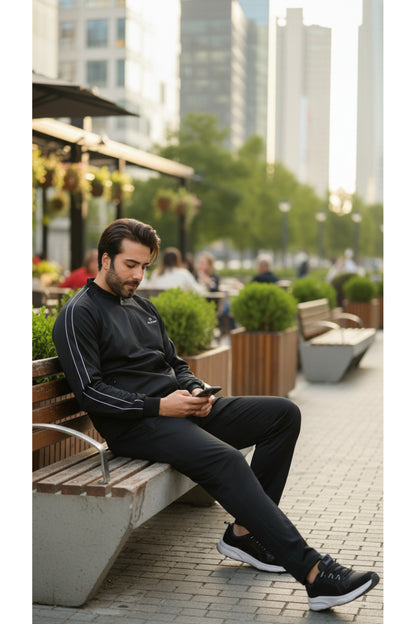 Erkek Rashell Kumaş Kolej Yaka Spor Rahat Kesim Eşofman Takım - Siyah