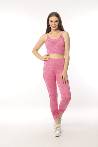 KADIN YEŞİL MELANJ SEAMLESS TOPARLAYICI İNCE ASKILI BRA ALT ÜST FITNESS TAKIMI - PEMBE