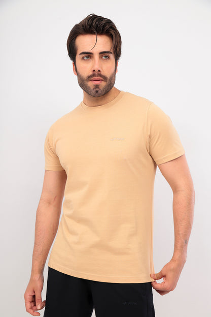 Erkek Bisiklet Yaka Tişört Kısa Kollu Basic Pamuklu Günlük Rahat T-Shirt - Bej