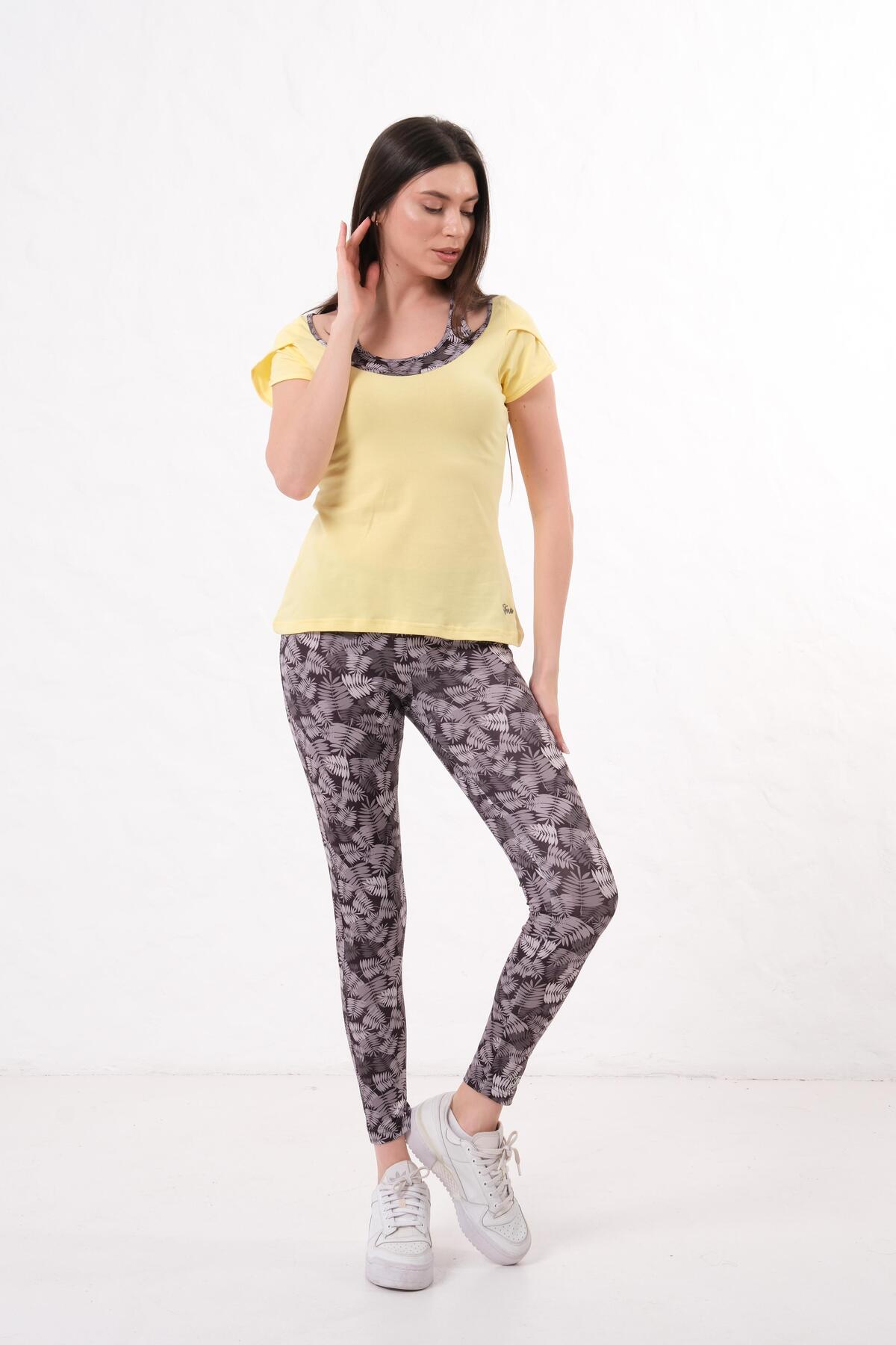 Kadın T-Shirt Takımı Yazlık Rahat Kesim 2'li Spor Kombin - Sarı