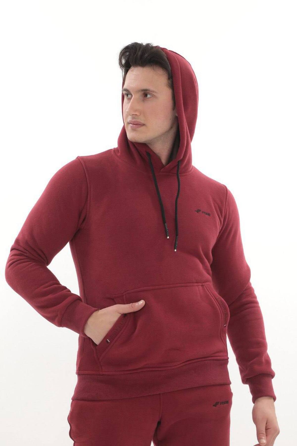 Erkek Bordo 3 İplik Kapüşonlu Sweat Üst - Bordo