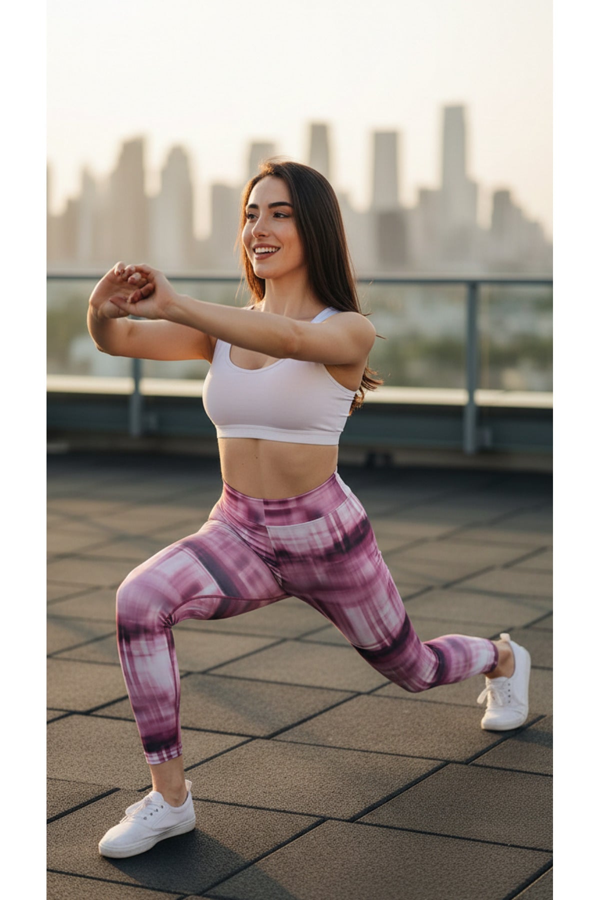 Kadın Renkli Çizgi Desenli Yüksek Bel Toparlayıcı Spor Tayt Yoga Pilates Fitness Taytı - PEMBE-MOR SİYAH ÇİZGİLİ