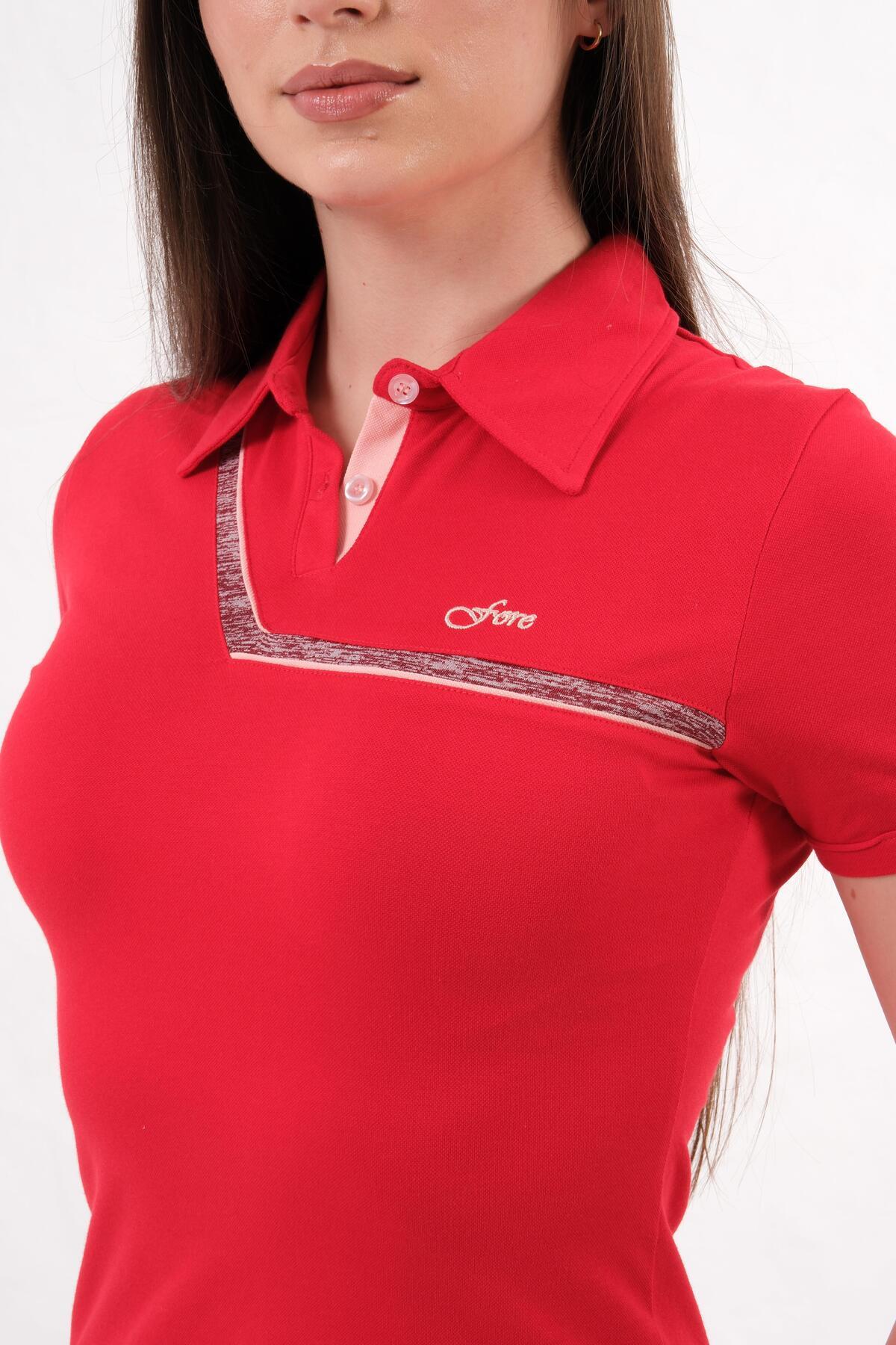Kadın Polo Yaka T-Shirt Şort Takımı Yazlık Spor Kombin - Kırmızı