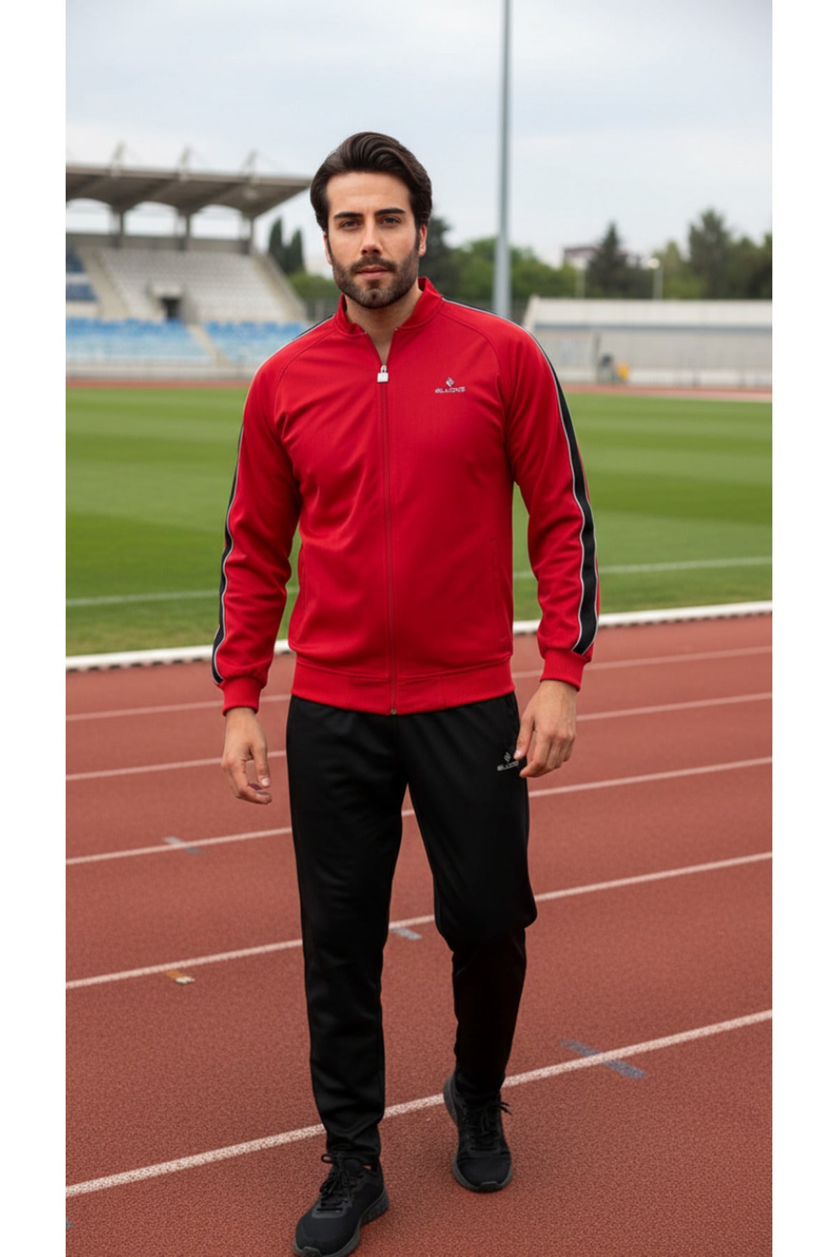 Erkek %100 Polyester Rashell Kumaş Kırmızı Kolej Yaka Eşofman Takımı - Kırmızı