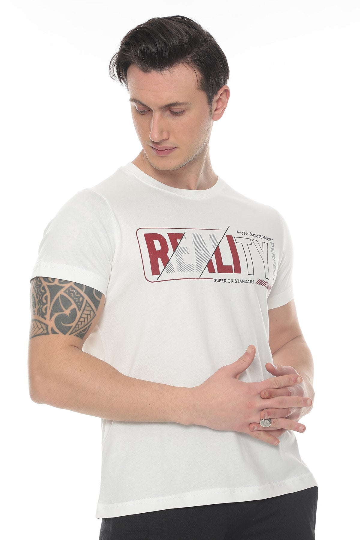 Erkek Ekru  Realıty Baskılı T-shirt - Ekru