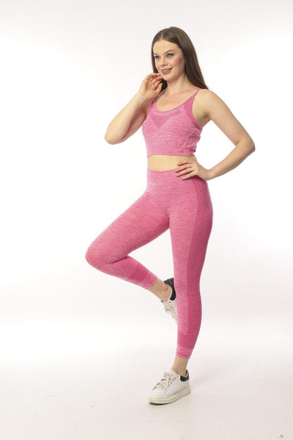 KADIN YEŞİL MELANJ SEAMLESS TOPARLAYICI İNCE ASKILI BRA ALT ÜST FITNESS TAKIMI - PEMBE