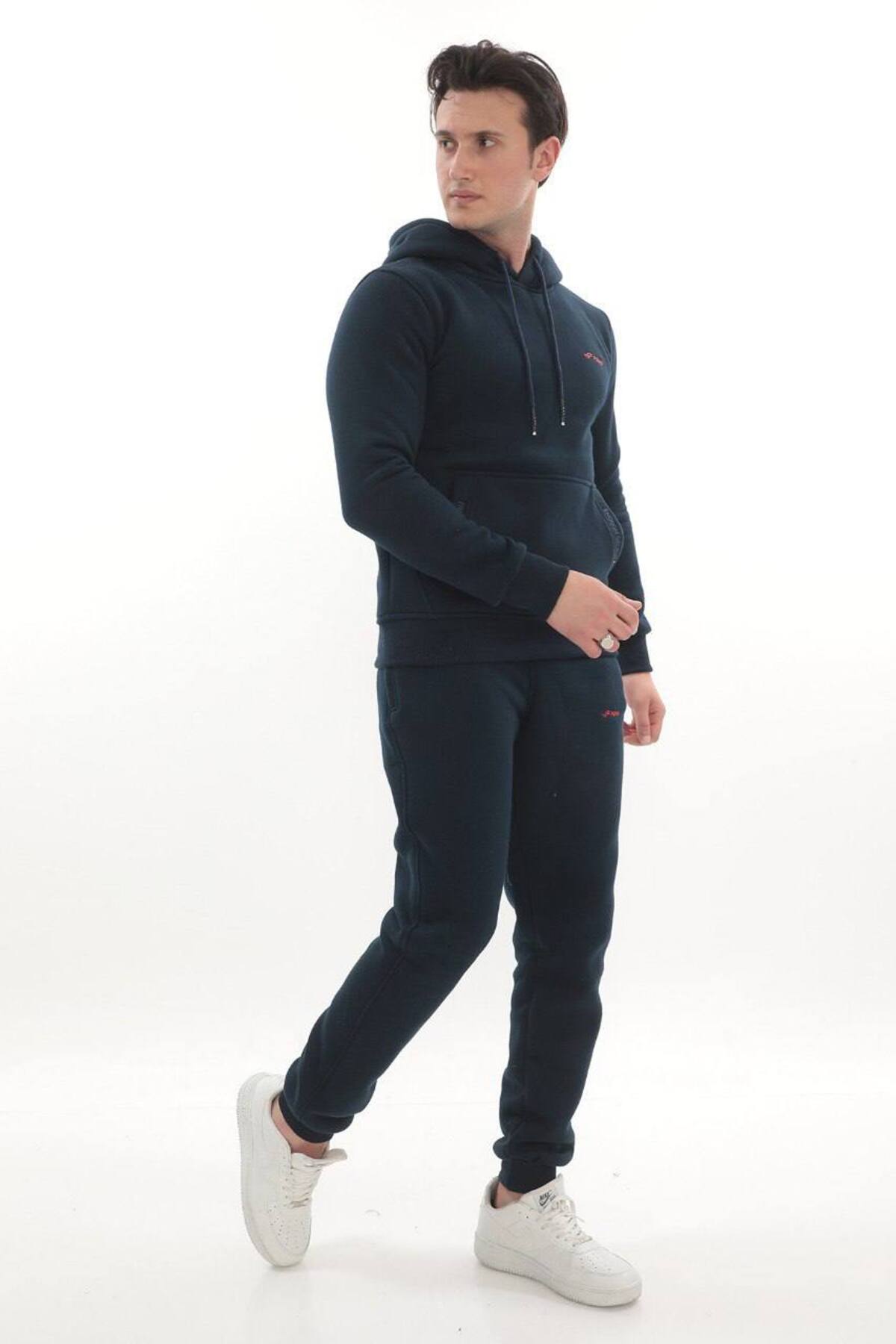 Erkek Bordo 3 İplik Kapüşonlu Sweat Üst - Lacivert Bordo