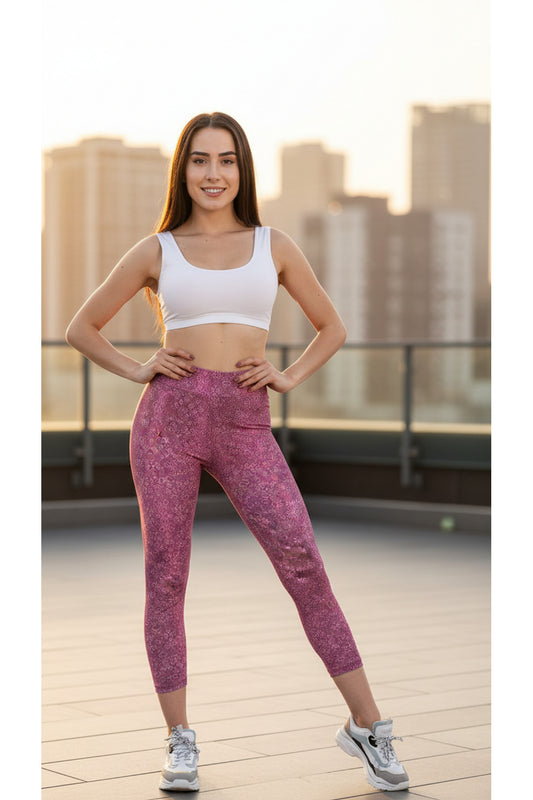 Sport Kadın Pembe Benekli Yüksek Bel Toparlayıcı Spor Tayt Yoga Fitness Taytı - PEMBE BENEKLİ