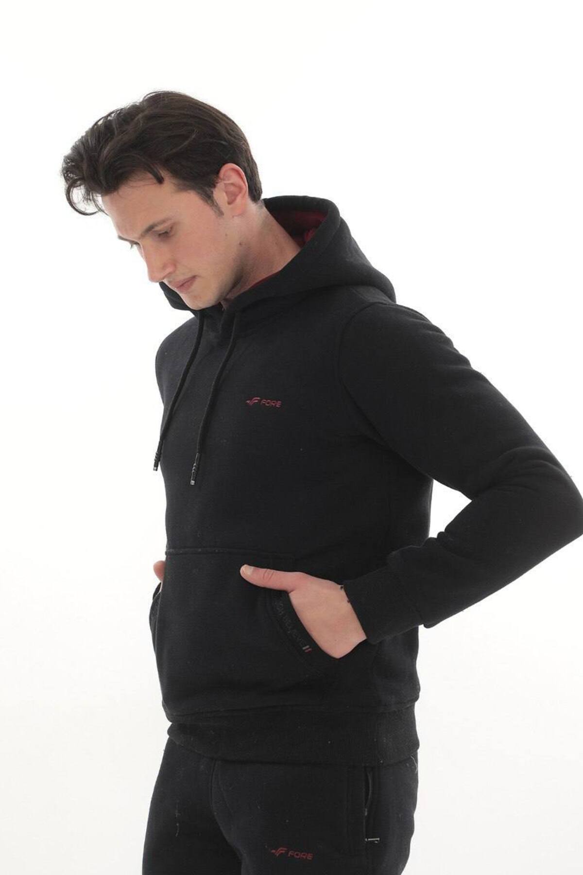 Erkek Bordo 3 İplik Kapüşonlu Sweat Üst - Siyah Bordo