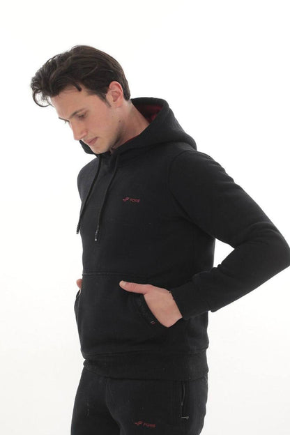 Erkek Bordo 3 İplik Kapüşonlu Sweat Üst - Siyah Bordo