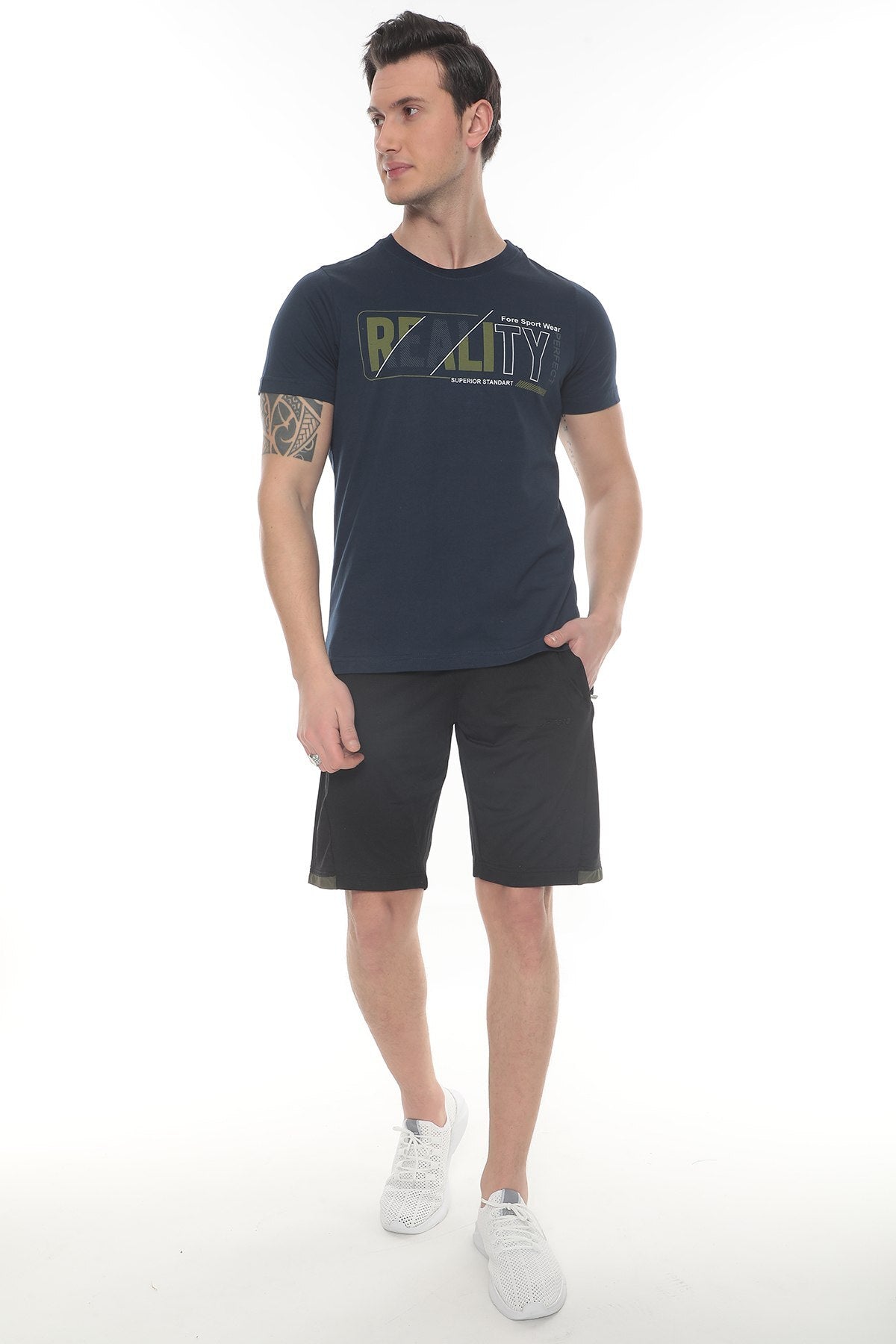 Erkek Ekru  Realıty Baskılı T-shirt - Lacivert