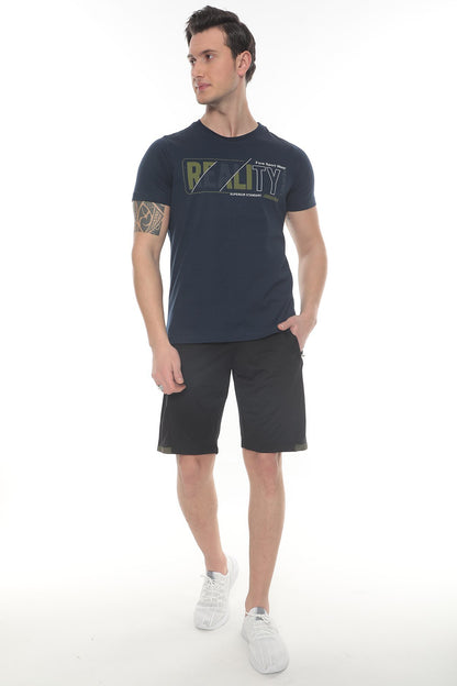 Erkek Ekru  Realıty Baskılı T-shirt - Lacivert