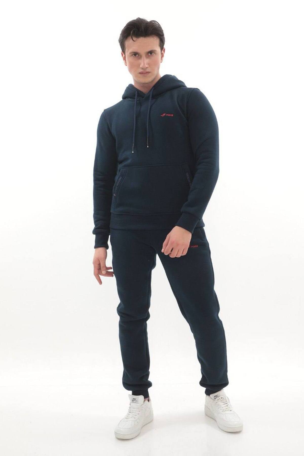 Erkek Bordo 3 İplik Kapüşonlu Sweat Üst - Lacivert Bordo