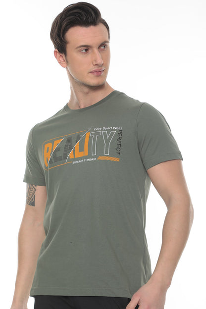 Erkek Ekru  Realıty Baskılı T-shirt - Haki