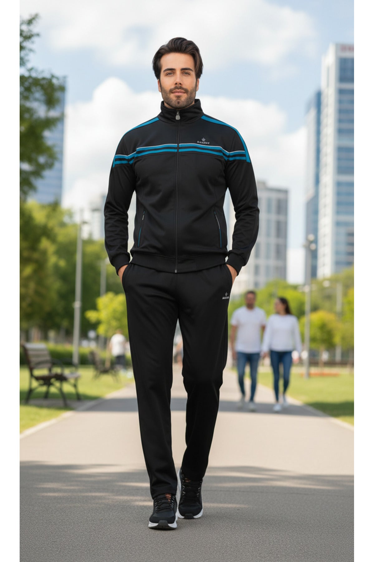 Erkek %100 polyester Şeritli Rashell Siyah Eşofman Takım - Siyah