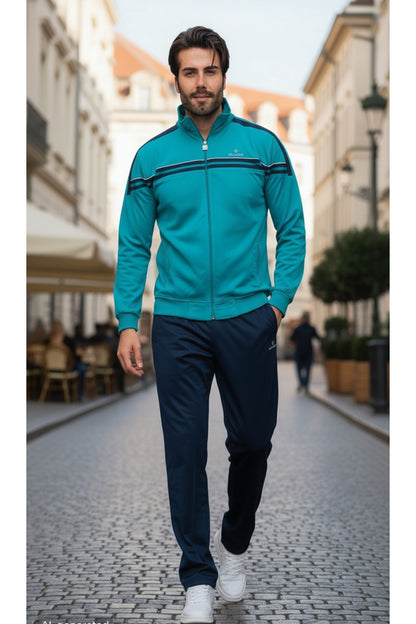 Erkek Raşel Eşofman Takımı Şerit Detaylı %100 Polyester - Zümrüt 