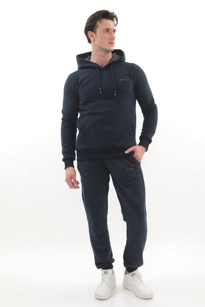Erkek Bordo 3 İplik Kapüşonlu Sweat Üst - Lacivert Füme