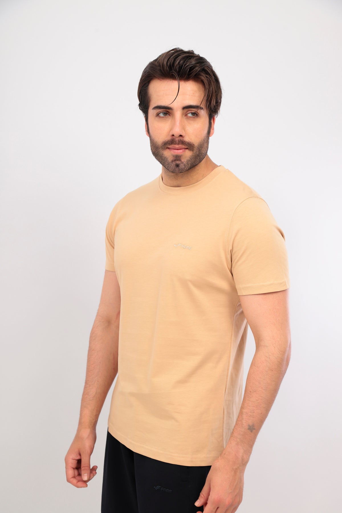 Erkek Bisiklet Yaka Tişört Kısa Kollu Basic Pamuklu Günlük Rahat T-Shirt - Bej
