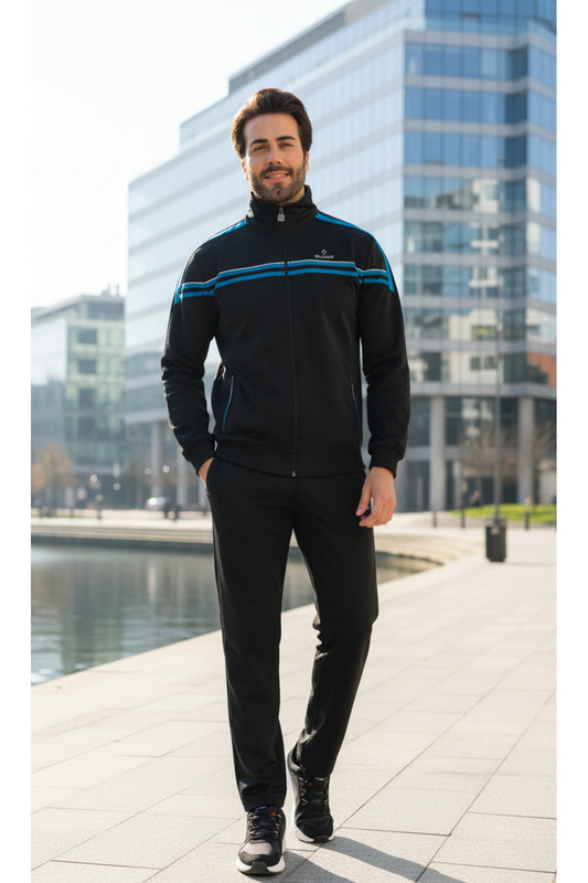 Erkek %100 polyester Şeritli Rashell Siyah Eşofman Takım - Siyah