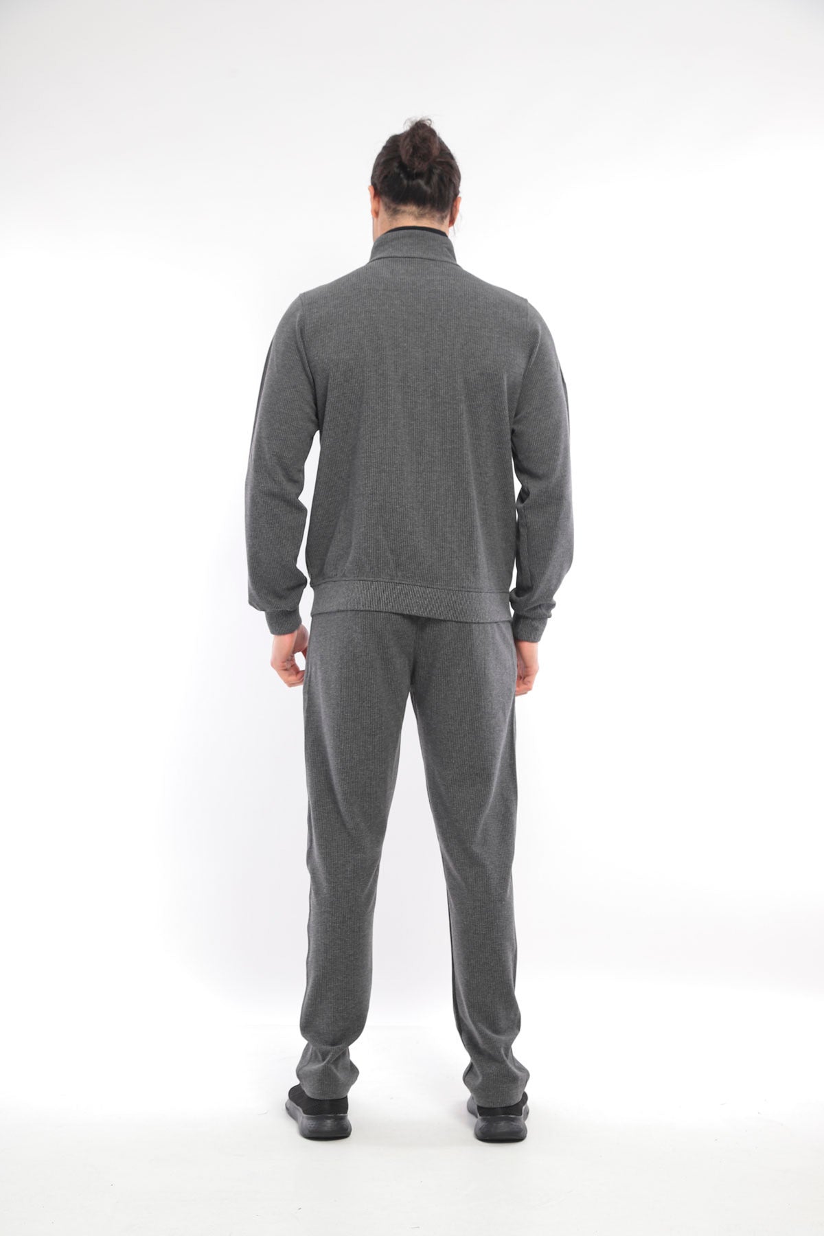 Erkek Füme Waffle Dik Yaka Cep Detaylı Eşofman Takımı - Füme