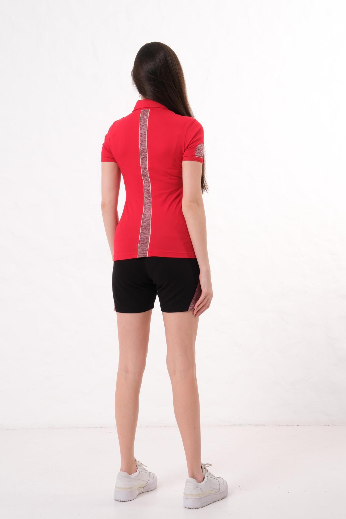 Kadın Polo Yaka T-Shirt Şort Takımı Yazlık Spor Kombin - Kırmızı