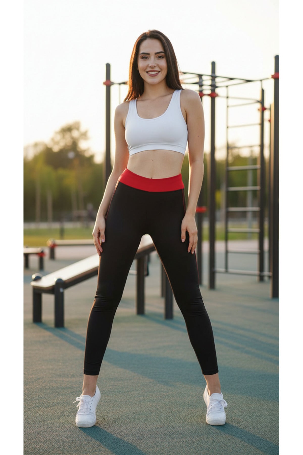 Kadın Yüksek Bel Kırmızı Kemer Detaylı Toparlayıcı Spor Tayt Yoga Fitness Taytı - SİYAH-KIRMIZI