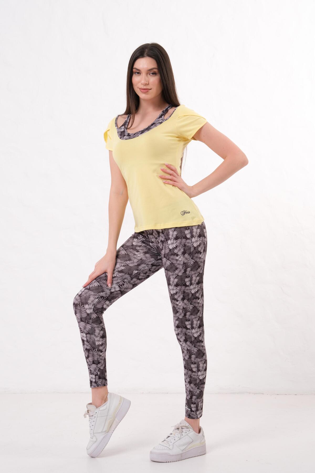 Kadın T-Shirt Takımı Yazlık Rahat Kesim 2'li Spor Kombin - Sarı