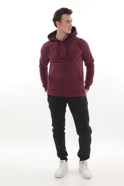 Erkek Bordo 3 İplik Kapüşonlu Sweat Üst - Mürdüm