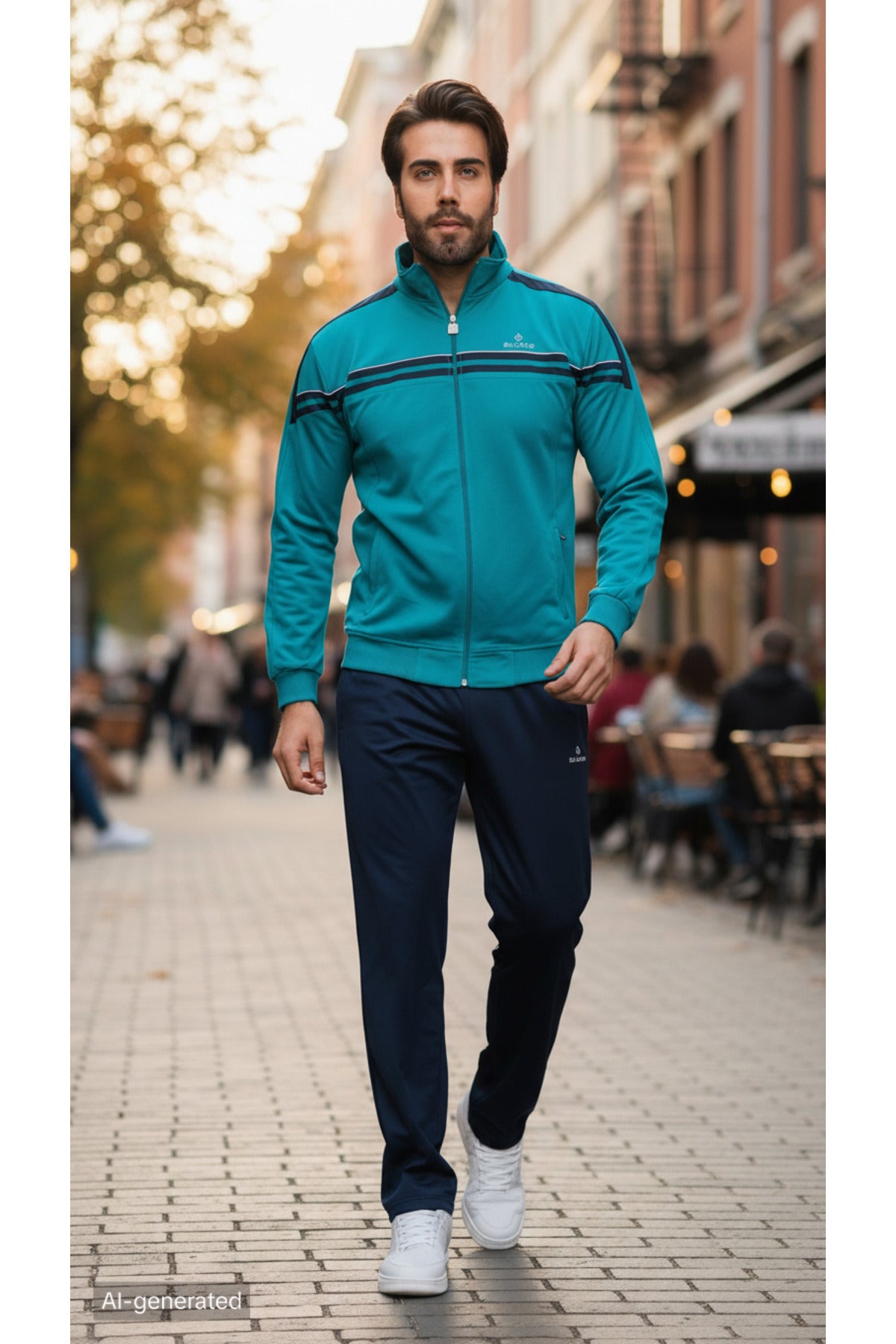 Erkek Raşel Eşofman Takımı Şerit Detaylı %100 Polyester - Zümrüt 