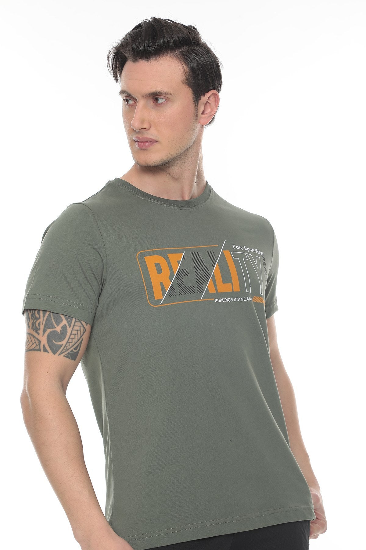Erkek Ekru  Realıty Baskılı T-shirt - Haki