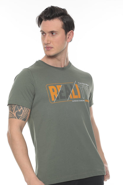 Erkek Ekru  Realıty Baskılı T-shirt - Haki