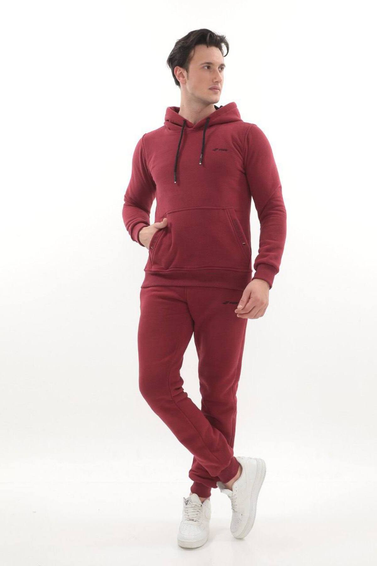 Erkek Bordo 3 İplik Kapüşonlu Sweat Üst - Bordo