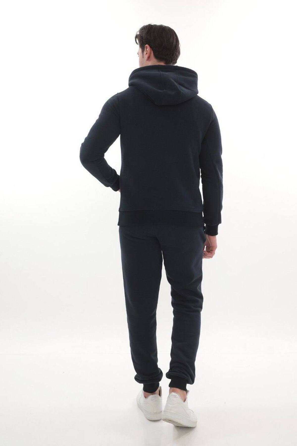 Erkek Bordo 3 İplik Kapüşonlu Sweat Üst - Lacivert Füme