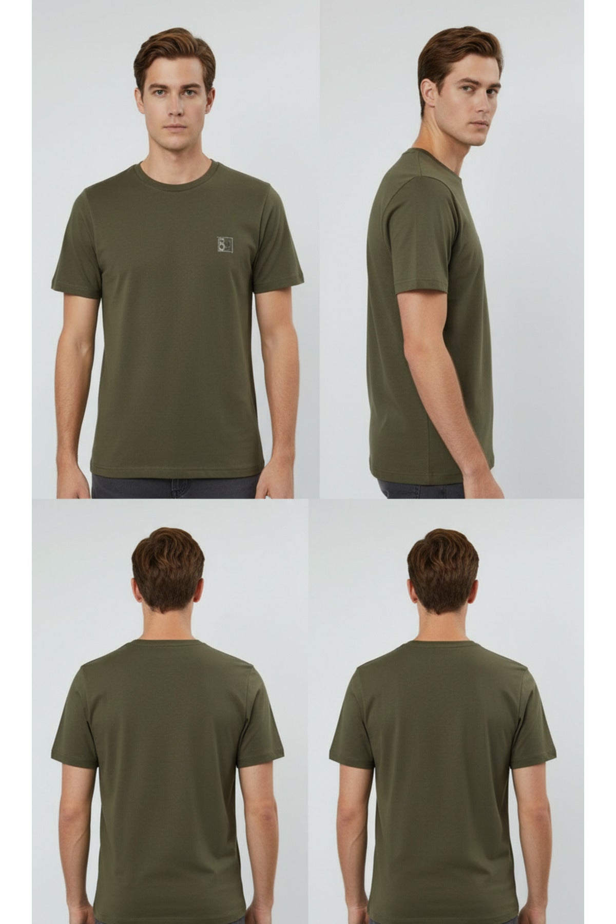 Erkek %100 Pamuk Günlük Basic T-shirt-7071 - Haki