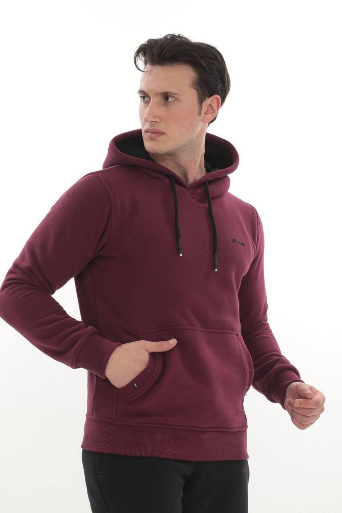 Erkek Bordo 3 İplik Kapüşonlu Sweat Üst - Mürdüm