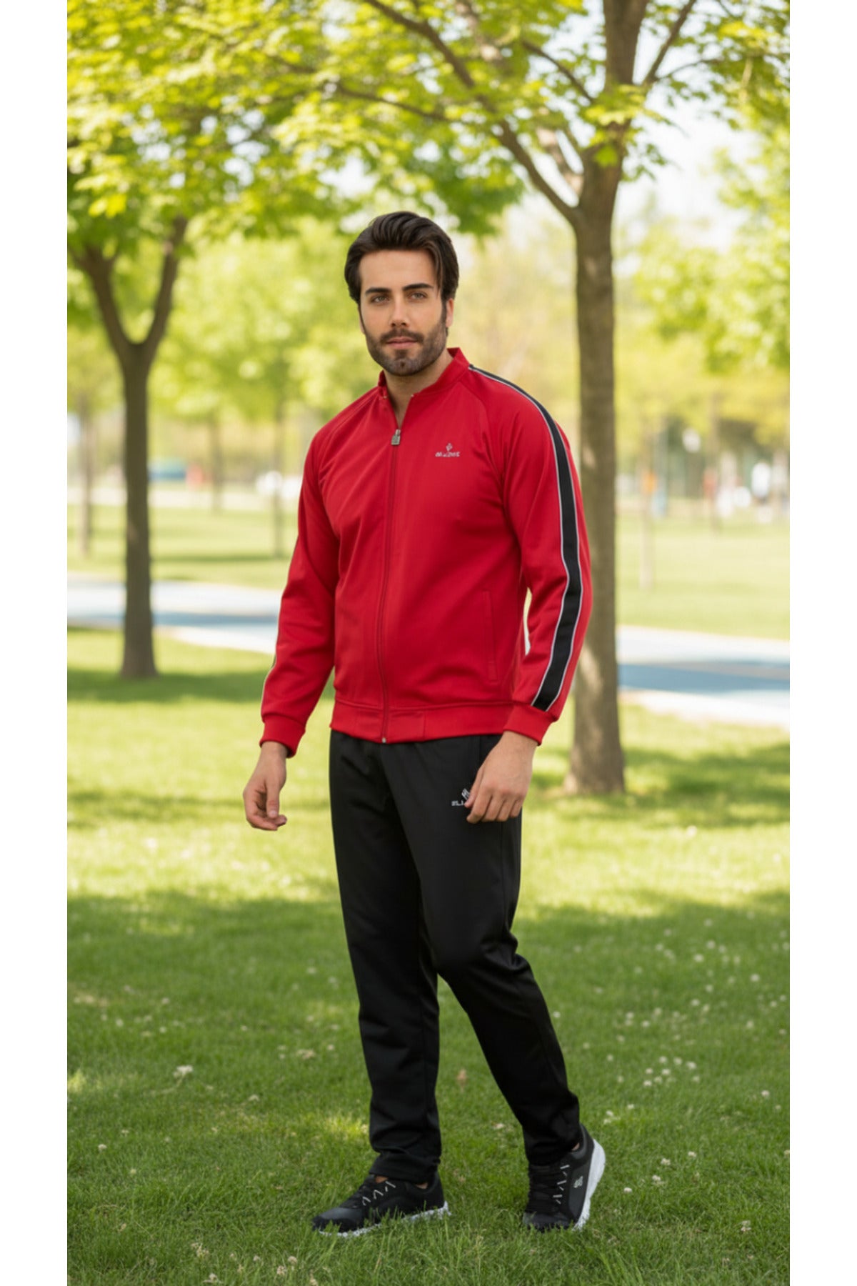 Erkek %100 Polyester Rashell Kumaş Kırmızı Kolej Yaka Eşofman Takımı - Kırmızı