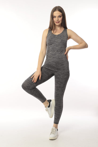 KADIN MAVİ MELANJ SEAMLESS DİKİŞSİZ TOPARLAYICI SPORCU ATLET ALT ÜST FITNESS TAKIMI - FÜME