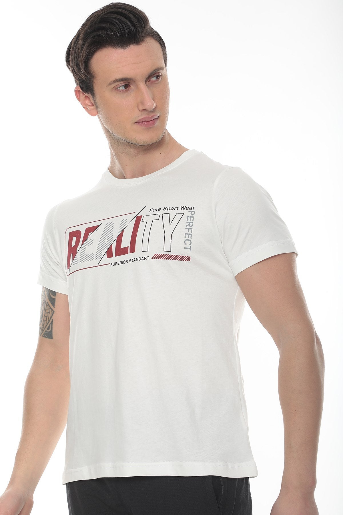 Erkek Ekru  Realıty Baskılı T-shirt - Ekru